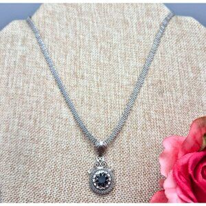 Fancy Vintage Silver Tone Mesh Chain Pendant Necklace Blue Glass Stone 18"